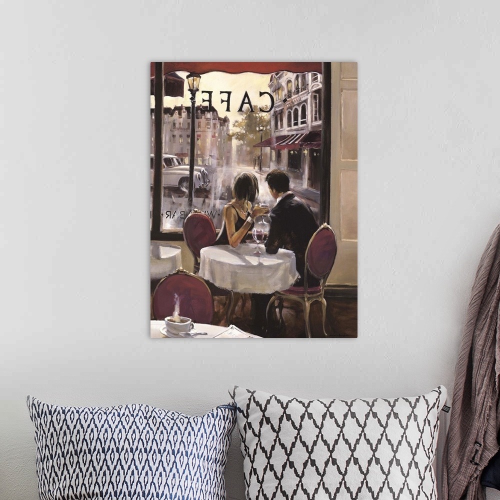 Cafe Couple Stretched Canvas Print Wall Art - Picture 4 of 15